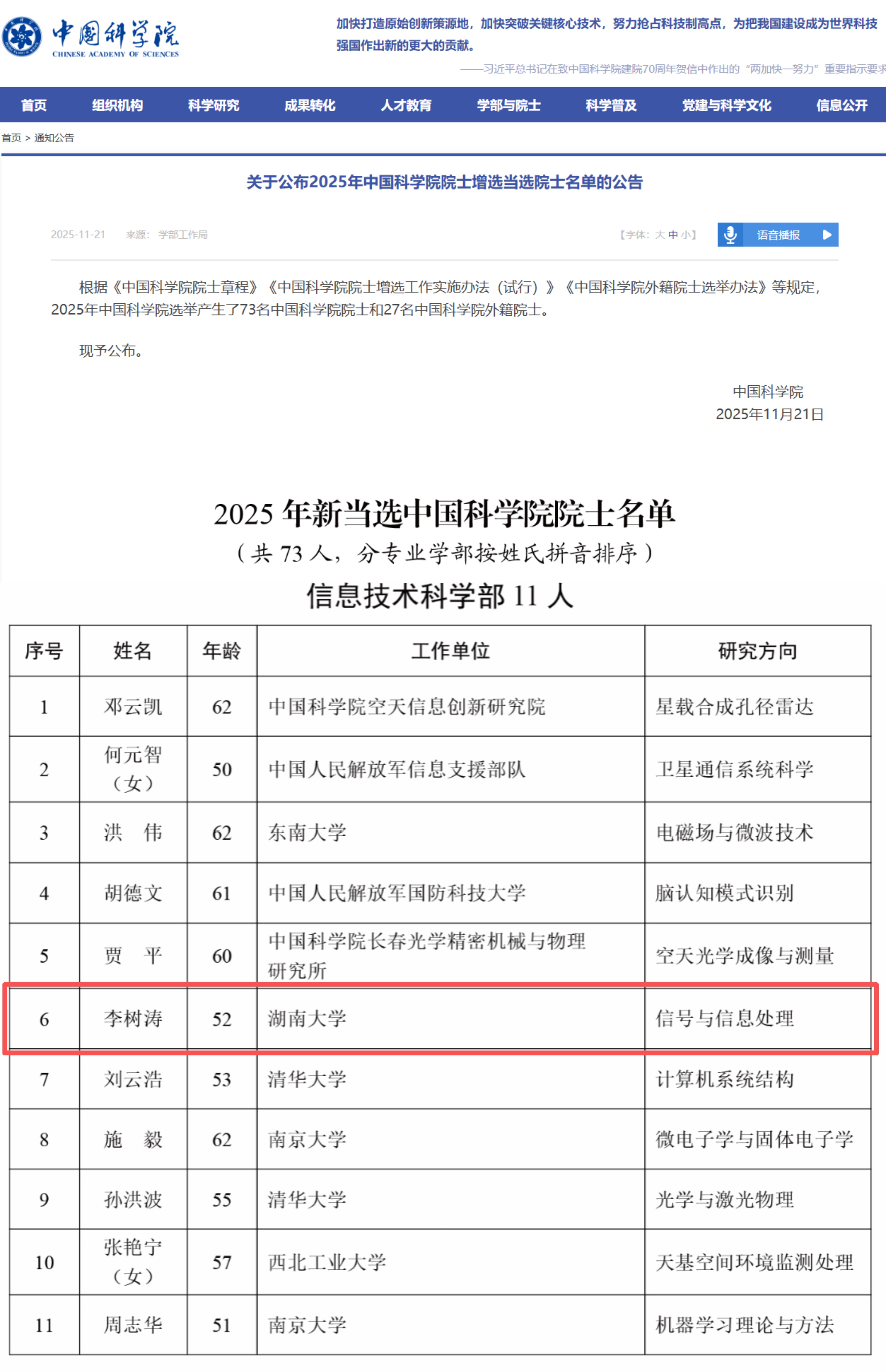 校长李树涛当选中国科学院院士